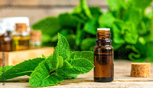 Amber glass bottle of peppermint essential oil sits amongst fresh mint leaves on a rustic wooden surface.