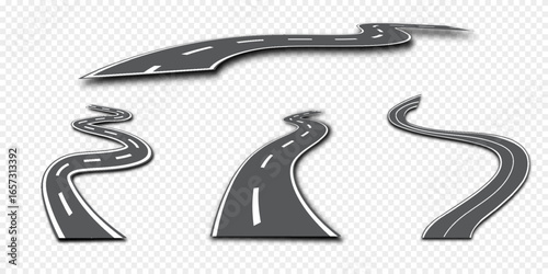 Road with white stripes on a plaid background. Set curved routes.