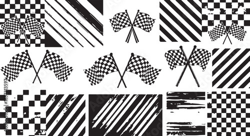 Collection of checkered flags and racing stripe patterns for motorsport and victory celebrations