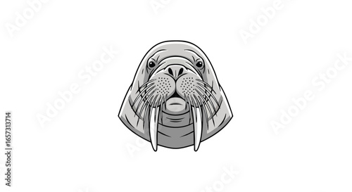 A detailed vector illustration of a walrus head with large tusks, shown from the front on a white background.