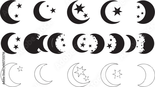 Celestial moon phases and stars illustration in a hand drawn sketchy style