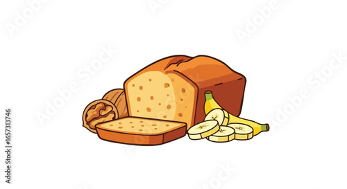 A cartoon illustration of a loaf of banana nut bread with a slice, walnuts, and sliced bananas on a white background.