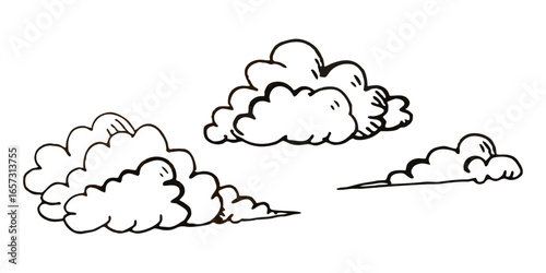Illustration of three stylized clouds with black outlines in varying shapes and sizes on white background