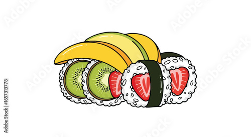 A colorful illustration of fruit sushi, or frushi, featuring mango, kiwi, and strawberry slices on a white background.