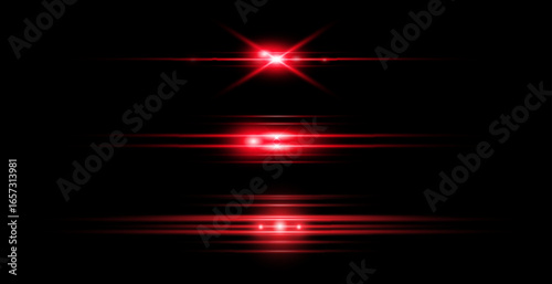 Red light effect reflections, neon illumination in red colors. Bright light lens. Police light effects, lines. Shiny stars, glowing sparks on a black background.