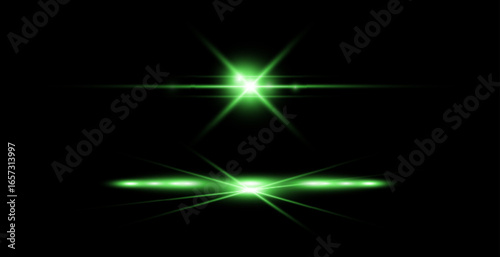 Light green effect reflections, neon illumination in white colors. Bright light lens. Police light effects, lines. Shiny stars, glowing sparks on a black background.