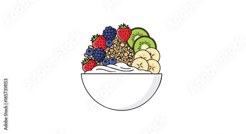 A healthy breakfast bowl illustration filled with yogurt, granola, and fresh fruits including berries, kiwi, and banana.