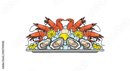 A vibrant illustration of a seafood platter with shrimp, oysters, and lemon on a bed of ice.