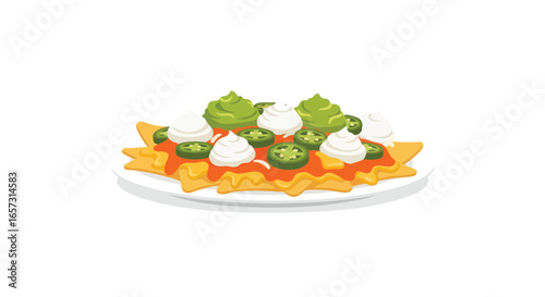 A plate of classic loaded nachos topped with cheese sauce, guacamole, sour cream, and sliced jalapeños, isolated on a white background.
