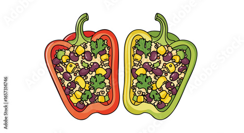 An illustration of red and green bell peppers stuffed with a healthy mixture of black beans, corn, and herbs.