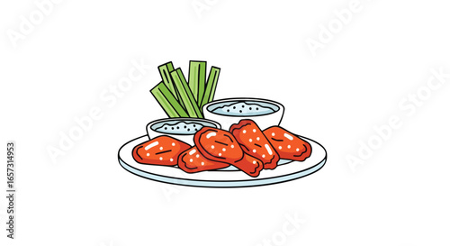 A platter of spicy buffalo chicken wings served with fresh celery sticks and a creamy dipping sauce.