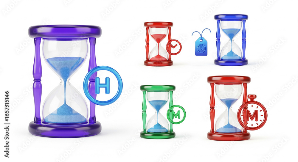 Fototapeta premium Set of 3D Hourglass Icons with Time Symbols on Isolated transparent background