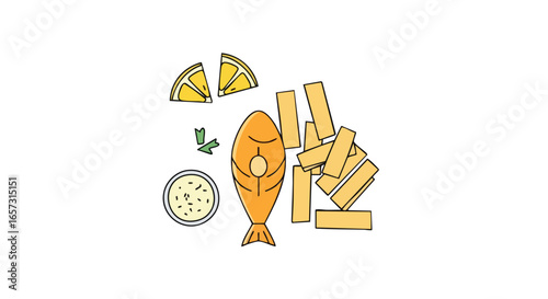 A top-down illustration of a classic fish and chips meal, complete with lemon wedges and tartar sauce.