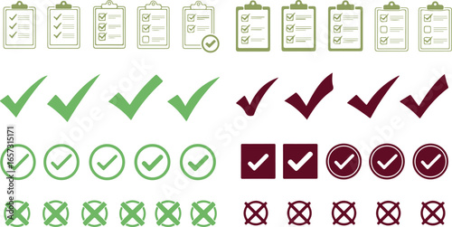 Collection of hand drawn checkmarks and crosses in green and burgundy on white background