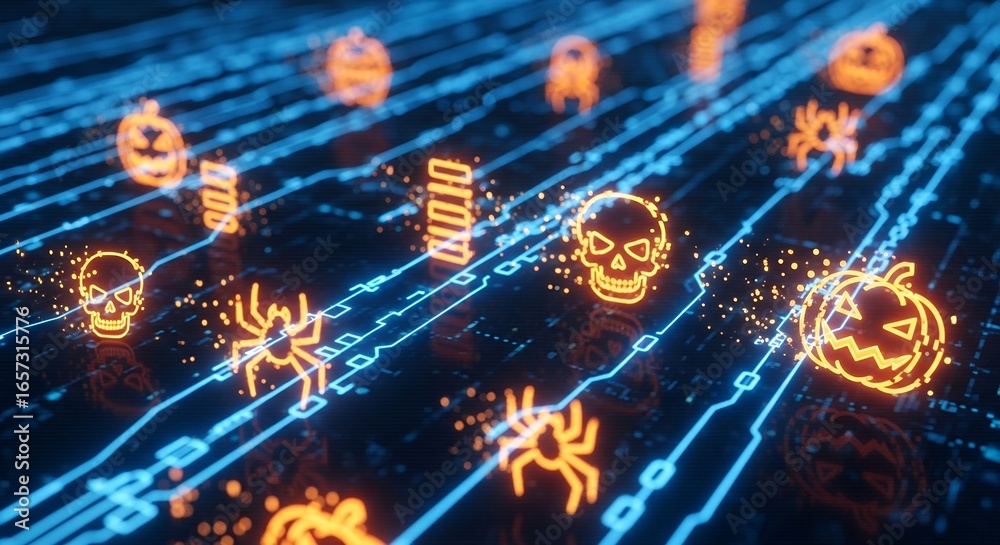 Glowing Halloween icons on a dark blue circuit board with digital traces and shimmering particles; concept for cyber security, digital celebrations and thematic presentation Glowing Halloween icons on a dark blue circuit board with digital traces and shimmering particles; concept for cyber security, digital celebrations and thematic presentation