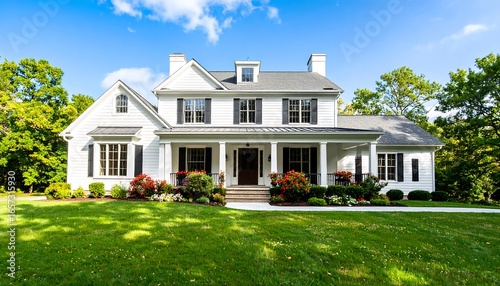 A pristine white home with dark shutters stands proudly on a manicured lawn beneath a vibrant blue sky.