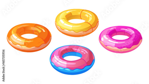 Colorful inflatable swimming pool floats summer beach vacation fun safety tubes rings graphic vector design