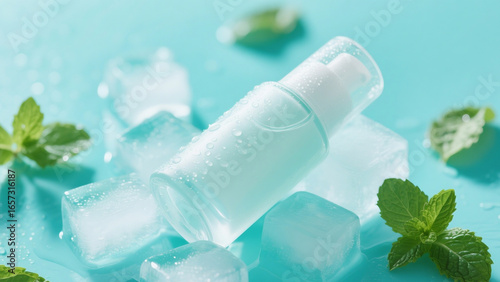 Frosted Glass Cosmetic Bottle with Pump on Ice Cubes and Mint Leaves – Fresh Skincare Product Photography