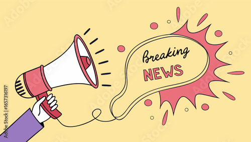 Breaking news announcement with megaphone for urgent updates and important information broadcast alert system