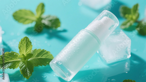 Frosted Glass Cosmetic Bottle with Pump on Ice Cubes and Mint Leaves – Fresh Skincare Product Photography
