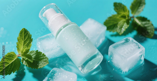 Frosted Glass Cosmetic Bottle with Pump on Ice Cubes and Mint Leaves – Fresh Skincare Product Photography