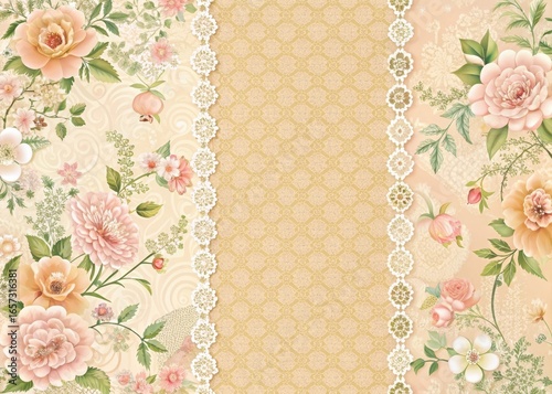 Elegant floral patchwork with delicate lace accents and pastel hues on a soft peach background