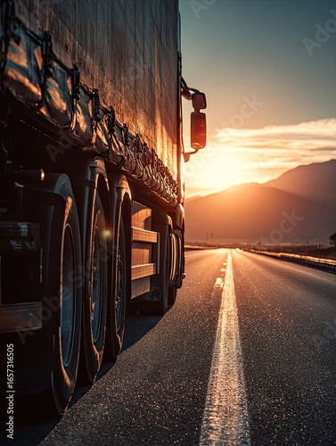 Truck on highway at sunset.  Vast, open road stretches into hazy mountains, sun blazing behind.  Truck's back end is prominent, with large tires visible.  Golden light bathes the scene