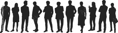 Group of diverse business professionals standing in various poses, confident posture, formal attire, teamwork, corporate team, leadership, communication, collaboration, business group concept