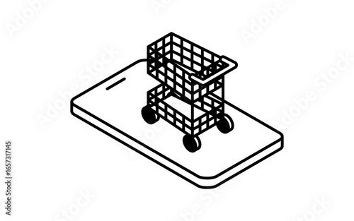 スマホとショッピングカートのオンライン決済のフィンテックアイコン、白黒