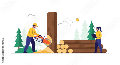 Logging professionals using power saws to cut down trees in a forest