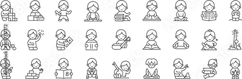 Kids education icons, children playing, studying, reading, learning activities, school subjects, creative playtime, educational growth, early childhood, flat vector illustration