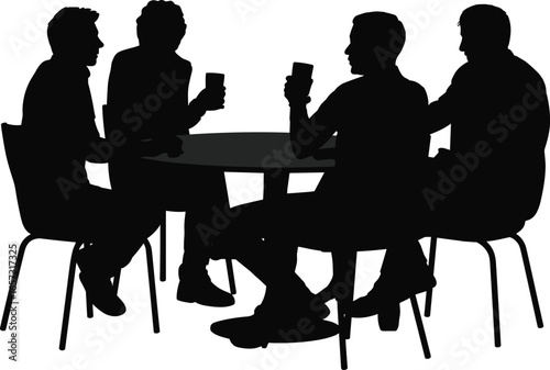 Group of four people sitting at table, drinking coffee, socializing, casual meeting, teamwork, friends gathering, discussion, collaboration, informal business moment