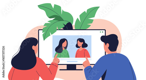 Two people interact through a computer screen showcasing a virtual meeting