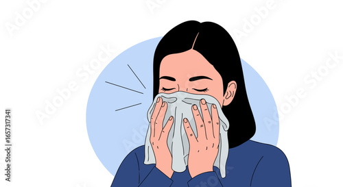 Woman sneezing into a tissue with a cold or allergies