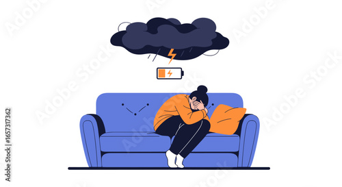 Person feeling exhausted sitting on couch under storm cloud with low battery icon