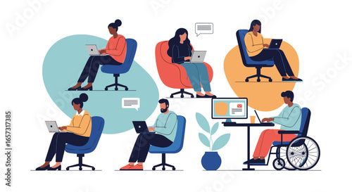 Diverse group of people working remotely on laptops