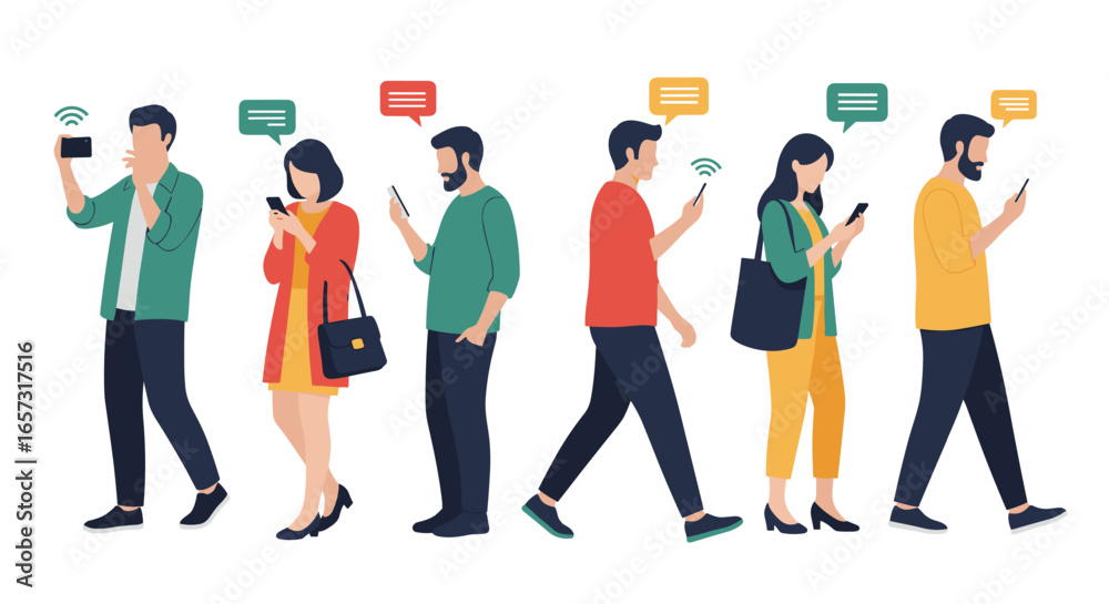 Obraz premium People engrossed in their mobile phones walking in a line