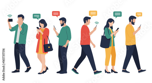 People engrossed in their mobile phones walking in a line