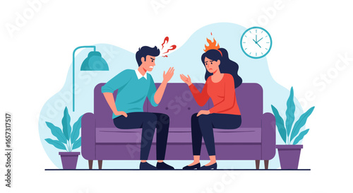Couple arguing intensely on sofa during heated discussion
