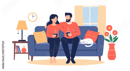 Cozy couple enjoying hot drinks together on sofa