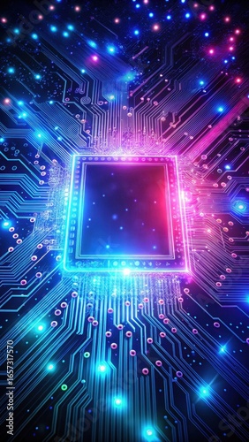 Futuristic circuit board with glowing blue and pink lights against a particle abstract background