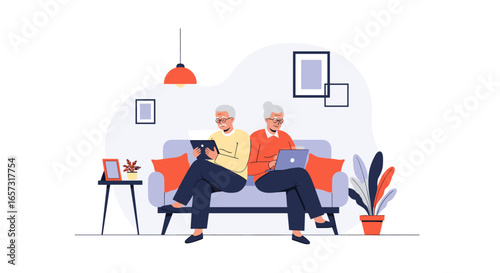 Elderly couple enjoying technology together at home