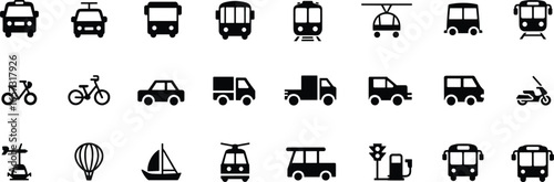 Public transport icons, car, bus, train, tram, bicycle, scooter, truck, ship, hot air balloon, fuel station, flat vector illustration