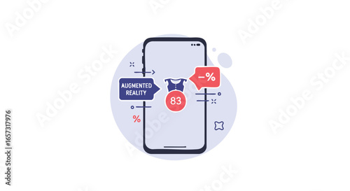 Smartphone screen showing an augmented reality shopping application for trying on clothes with a sale notification.