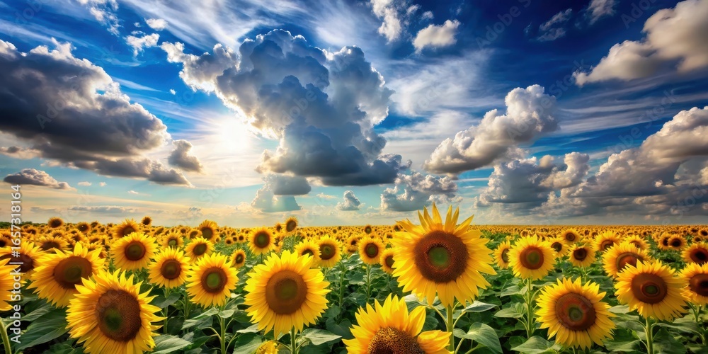 Fototapeta premium Clouds and sunflowers in a field