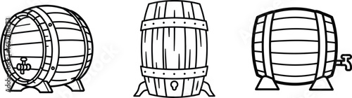 Three line drawings of wooden barrels, showcasing different perspectives: side, front, and three-quarter view, each resting on small stands.
