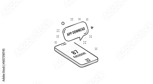 Isometric line art illustration of a smartphone with an app download notification and percentage display.