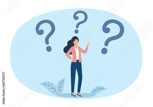 Woman doubts and questioning everything. Young girl surrounded by a question mark.