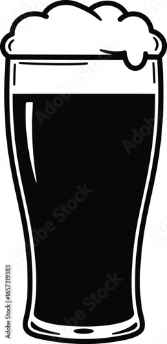 Stylized vector illustration of a glass filled with dark liquid and a foamy head. Celebration with Oktoberfest Food and Drink
