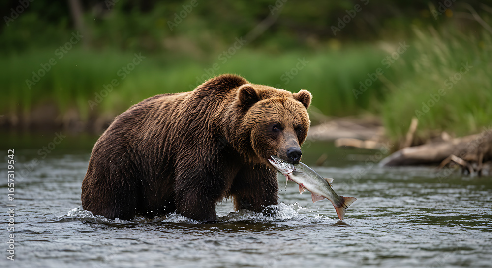 Grizzly bear fishing for salmon in a pristine river. Grizzly bear fishing for salmon in a pristine river.